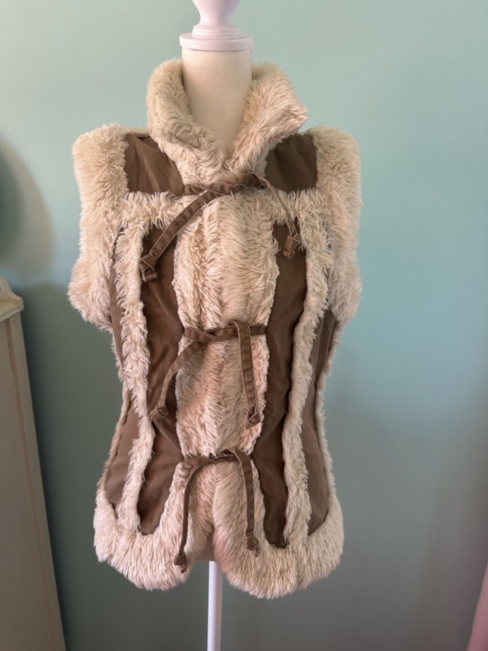 Brown Faux-Sherpa Tie-Front Vest with Cream Trim